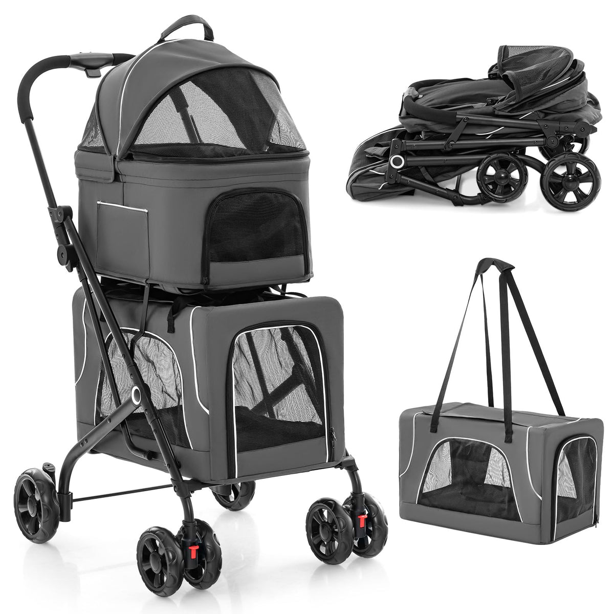 PETSITE 3-in-1 Double Pet Stroller | 2 Detachable Carriers & Car Seats | 33 lbs Each | Grey
