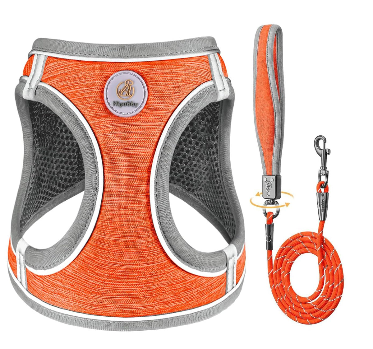 Orange Mesh Dog Harness & Leash Set | Reflective, No-Pull, Step-In | XS